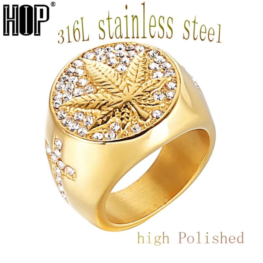 HIP Hop Iced Out Bling Gold Color Stainless Steel Ring Micro Paved Rhinestone We